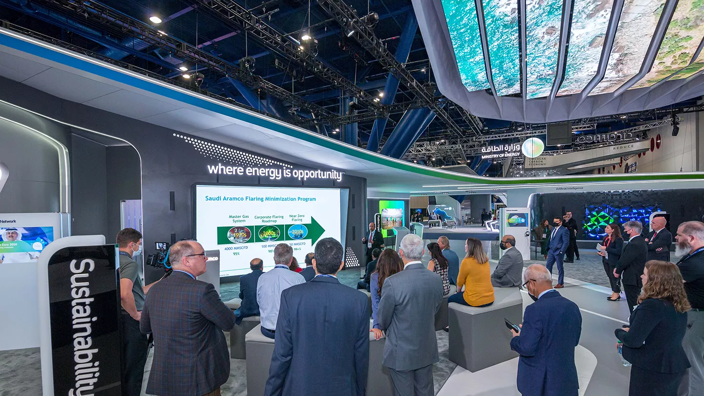 The Aramco booth featured interactive content about the company’s innovative global R&D network, its digital transformation, its sustainability programs, its push into advanced materials that include nonmetallics, and the positive impact Aramco has in communities where it operates.