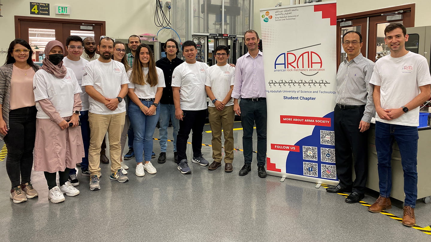 Gang Han, president, ARMA and petroleum engineering consultant, Aramco Americas Upstream (second from right) visits King Abdullah University of Science and Technology (KAUST) ARMA student chapter and faculty sponsor Thomas Finkbeiner (third from right).