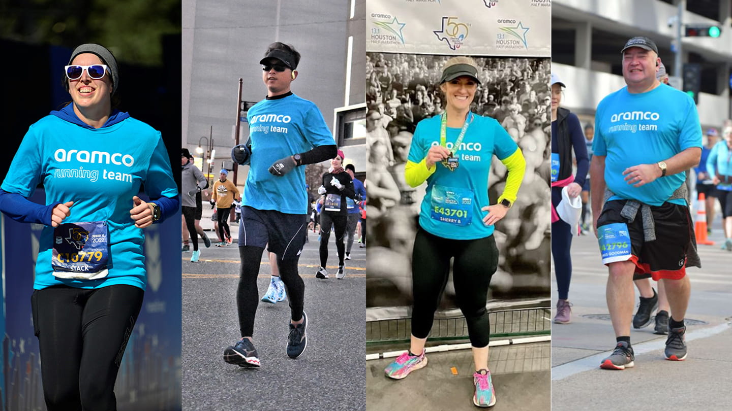 From left to right: Aramco Americas runners Stacey Althaus, Gang Han, Sherry Barrera, and James Goodman.