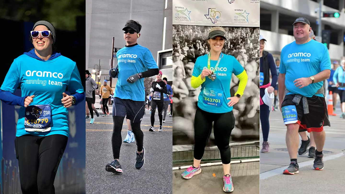 From left to right: Aramco Americas runners Stacey Althaus, Gang Han, Sherry Barrera, and James Goodman.